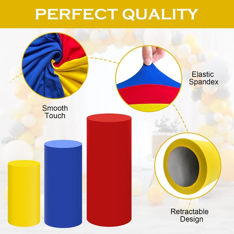 SaitiMade Set of 3 Red Yellow Blue Cylinder Pedestal Stand Covers, 3pcs Spandex Mixed Colors Cylinder Stand Covers for Party, Wedding or Birthday Event Decor (Only Contains Colorful Cylinder Covers) - Image 4